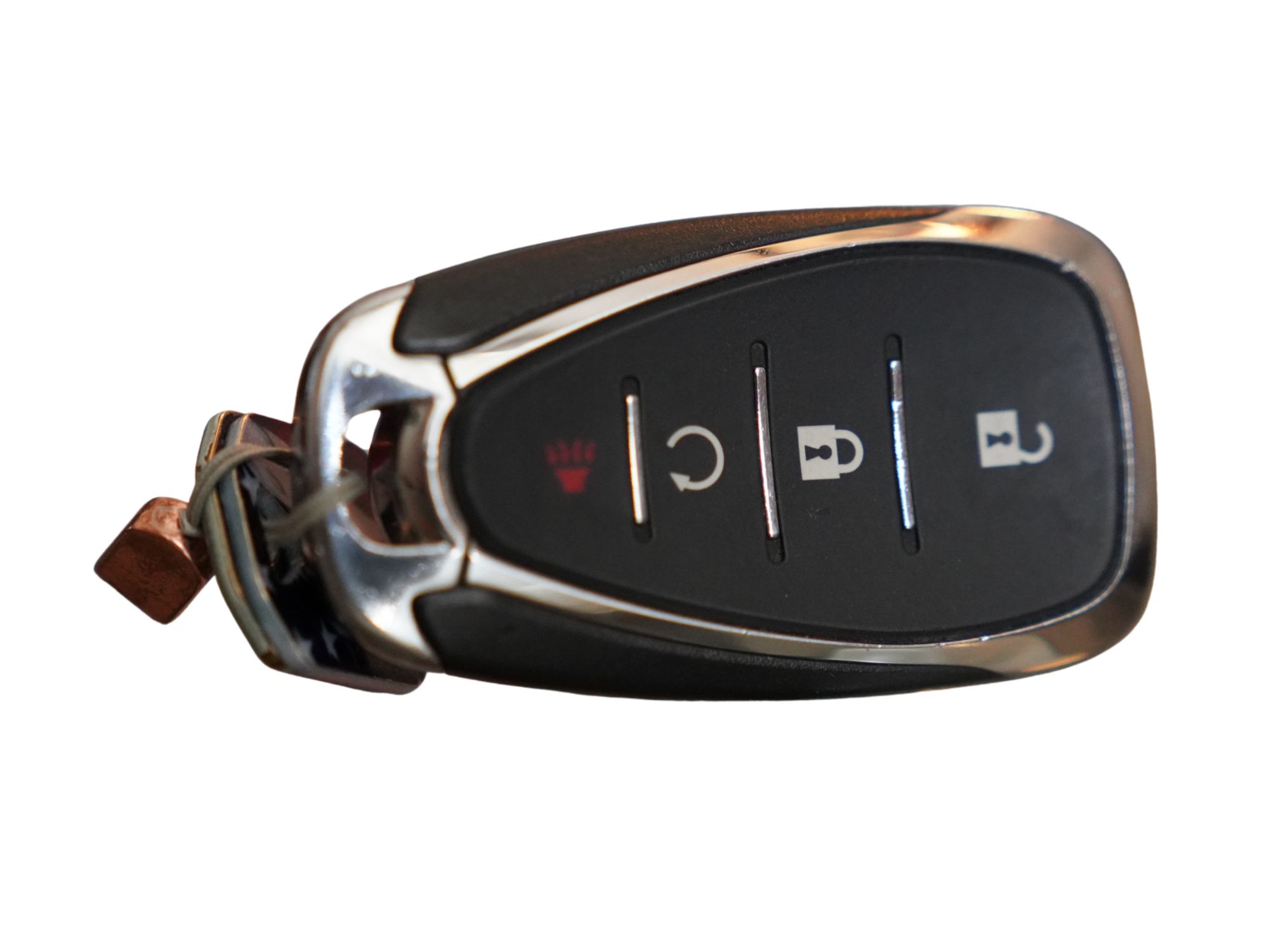 Car key fob with remote start, lock, and unlock buttons